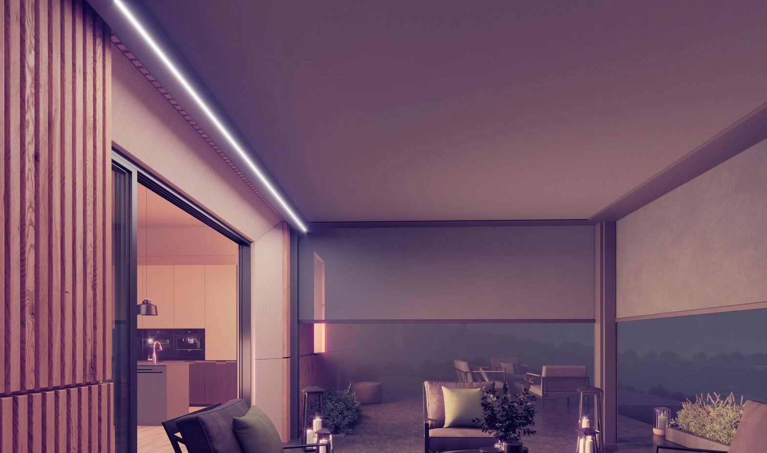 Die ind der Brustor B129 ZIP integrierte LED-Beleuchtung erhellt den Wintergarten mit Sitzgelegenheiten