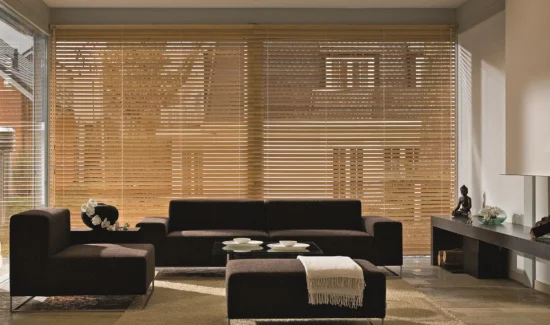 Fenster mit Holz-Jalousie verdunkelt und im Vordergrund eine Sofa-Sitzgruppe.