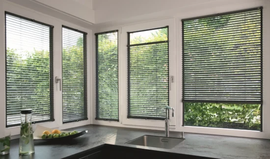 Vertikale Jalousie in einem Erker mit vielen einzelnen Fenstern.