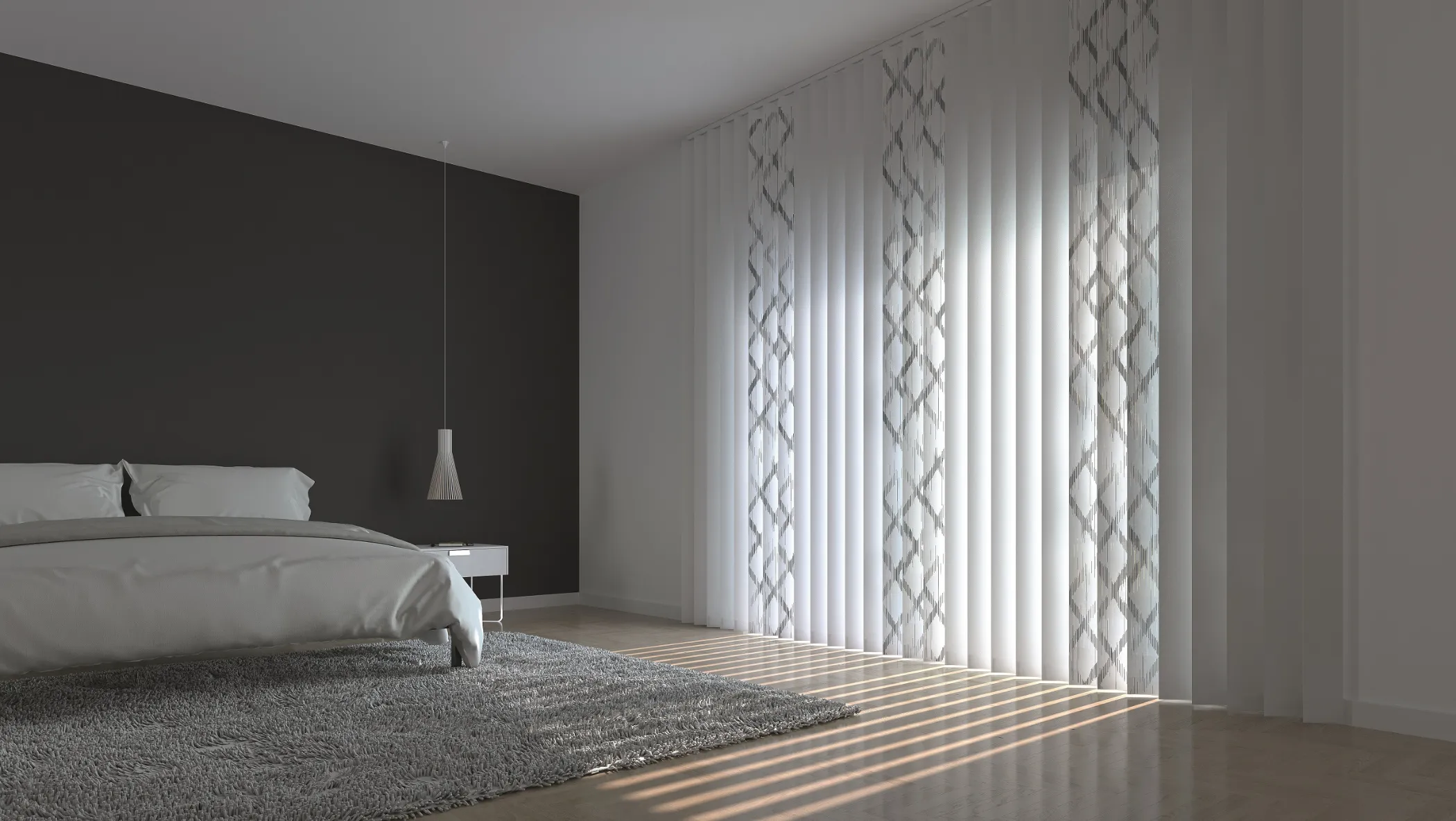 Vertikal-Jalousien mit Laser-cut Muster im Schlafzimmer vor der gesamten Tür.