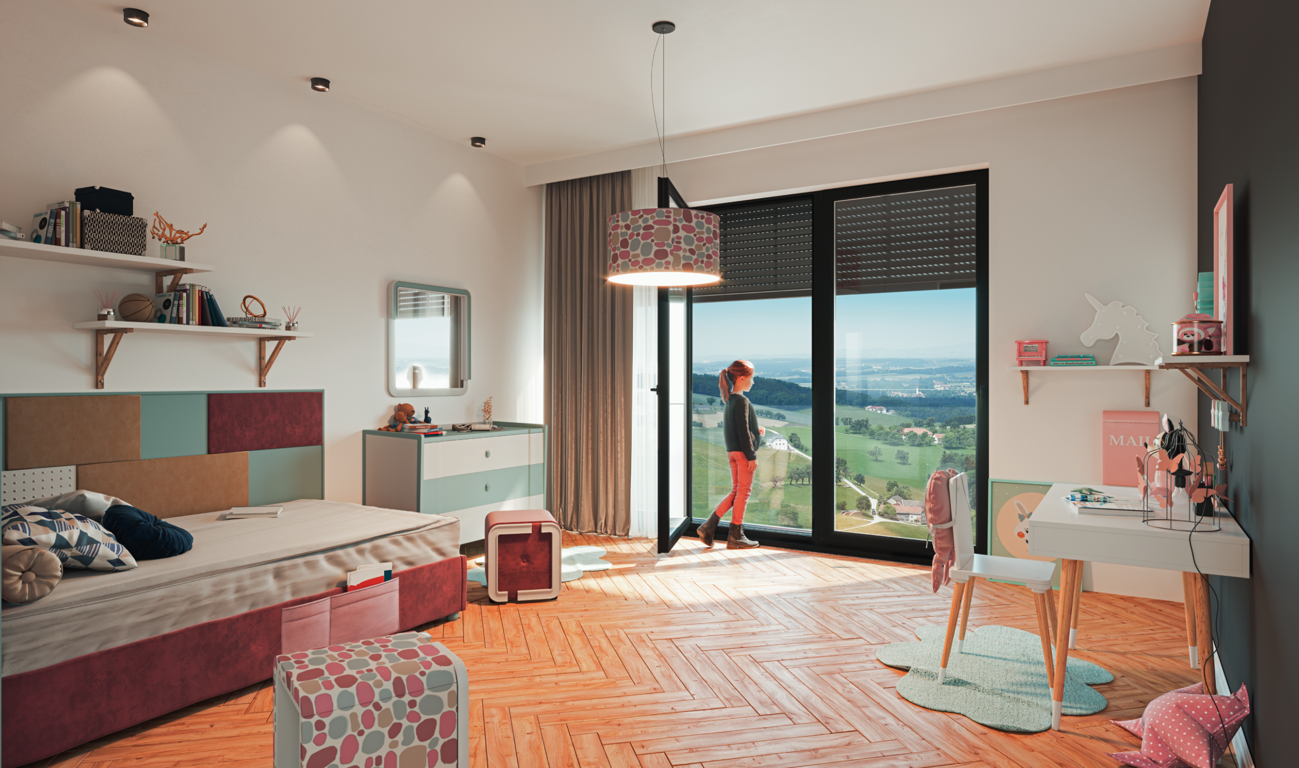 Der ROMA Quadro als Sonnenschutz für ein Kinderzimmer.