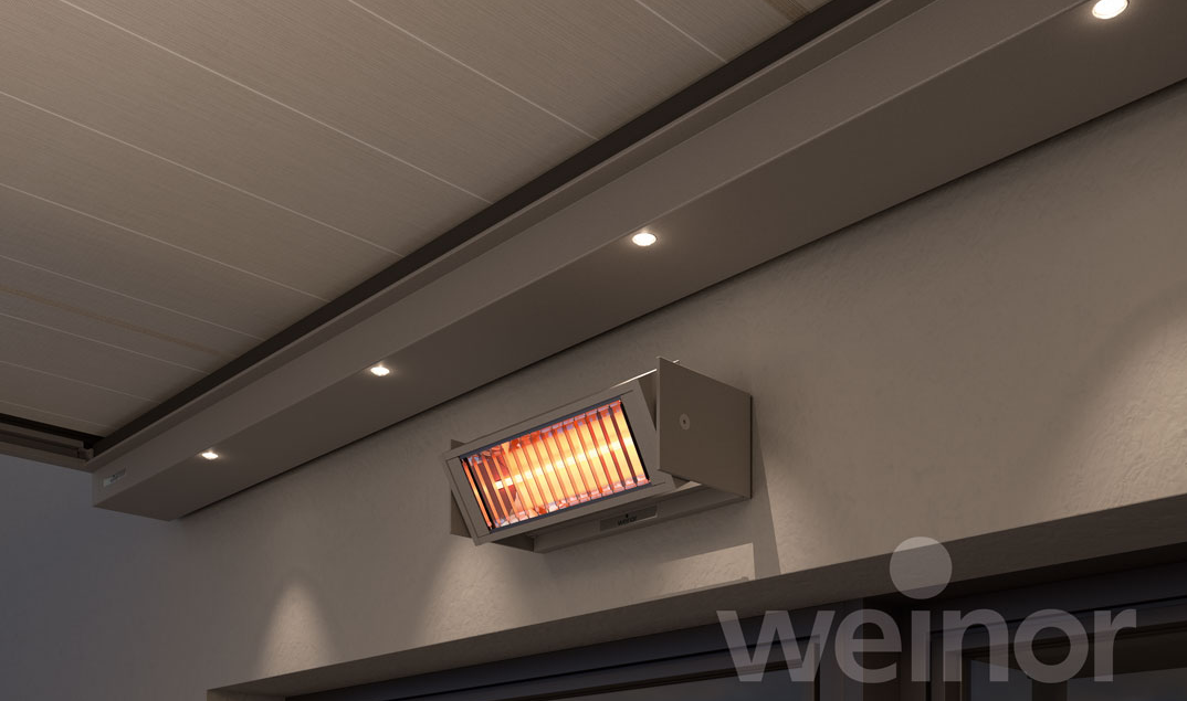 Die auf Wunsch in der Kassette der Weinor Sottezzo integrierten LED-Spots beleuchten die zuvor beschattete Fläche nach Sonnenuntergang.