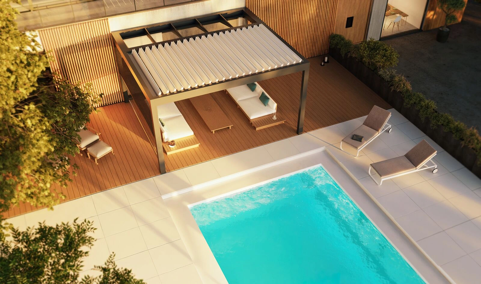 Das Brustor B720 besticht auch mit seinem hochmodernen Look. Hier überdacht das Glaslamellendach den Sitzbereich eines Pools.