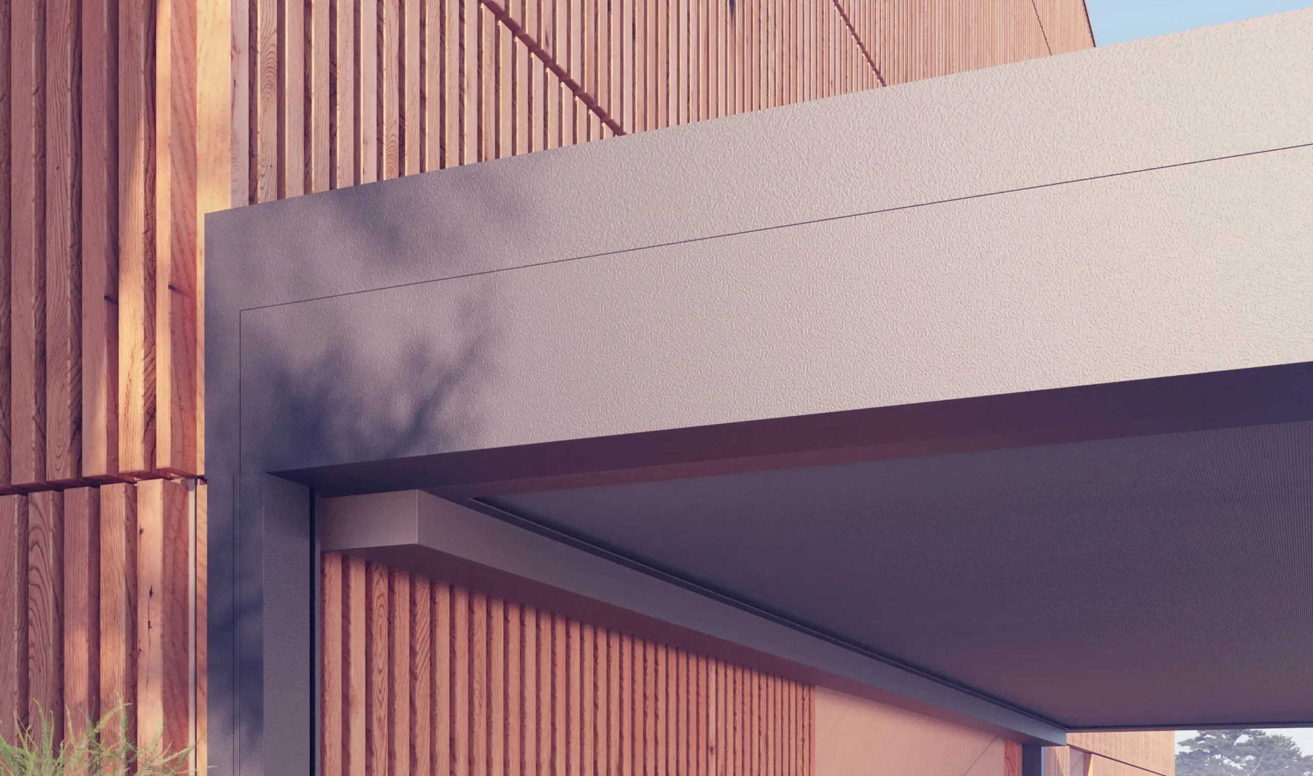 Profil des Glasdaches und des Kassettenkastens der Unterglasmarkise im kubischen Design.