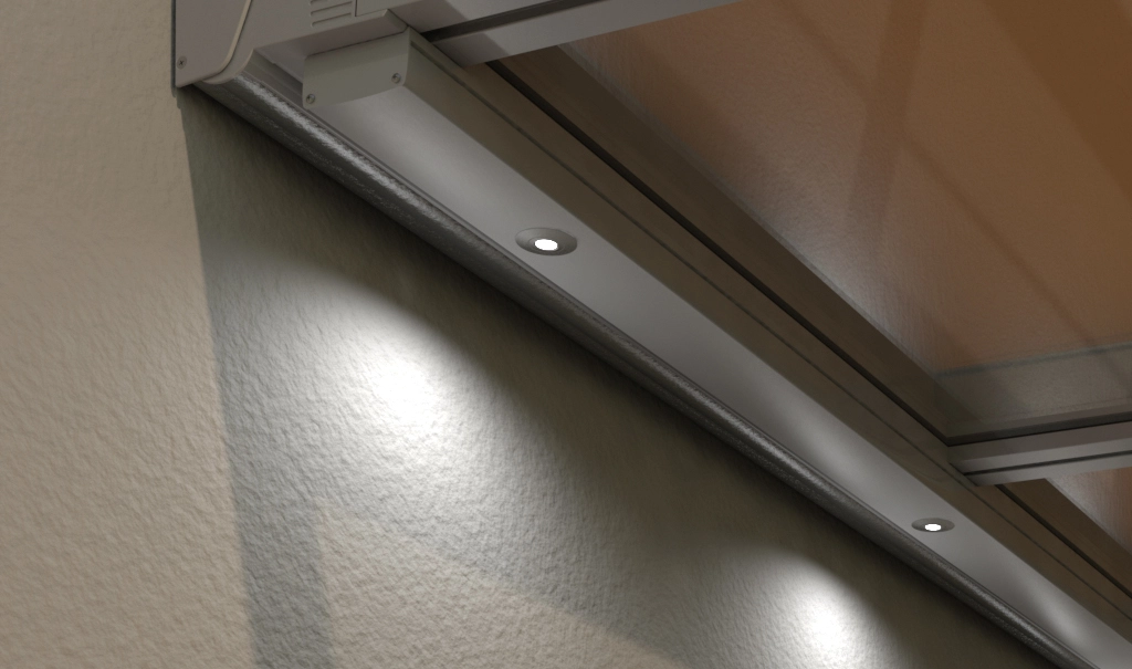 LED-Spots in der Markisenkassette sorgen punktuell für stilvolle Beleuchtung.