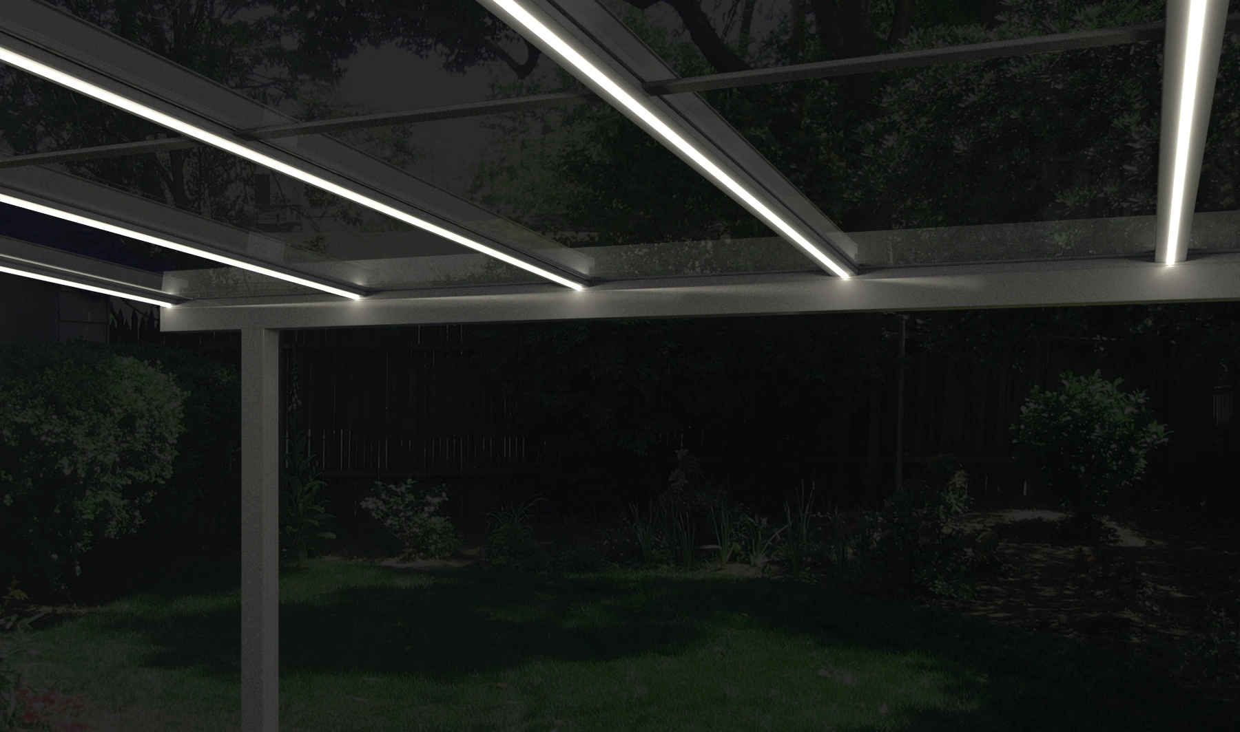 In den Längsbalken des Glasdaches integrierte LED-Streifen sorgen für eine gleichmäßige Beleuchtung der überdachten Fläche.
