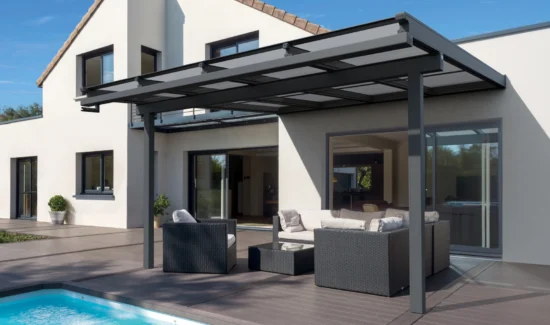 Das Glasdach Lewens Murano Integrale ZIP beschattet mit heruntergelassener ZIP-Markise den Sitzbereich eines Pools.
