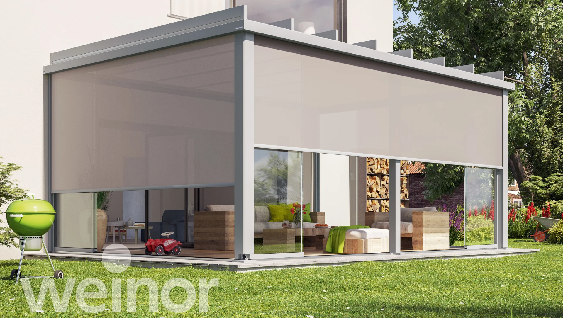 Mit Zusatzausstattung, wie seitlichen Glaselementen und Seitenmarkisen, Schützt das Glasdach Weinor Terrazza Pure Außenbereiche von allen Seiten.