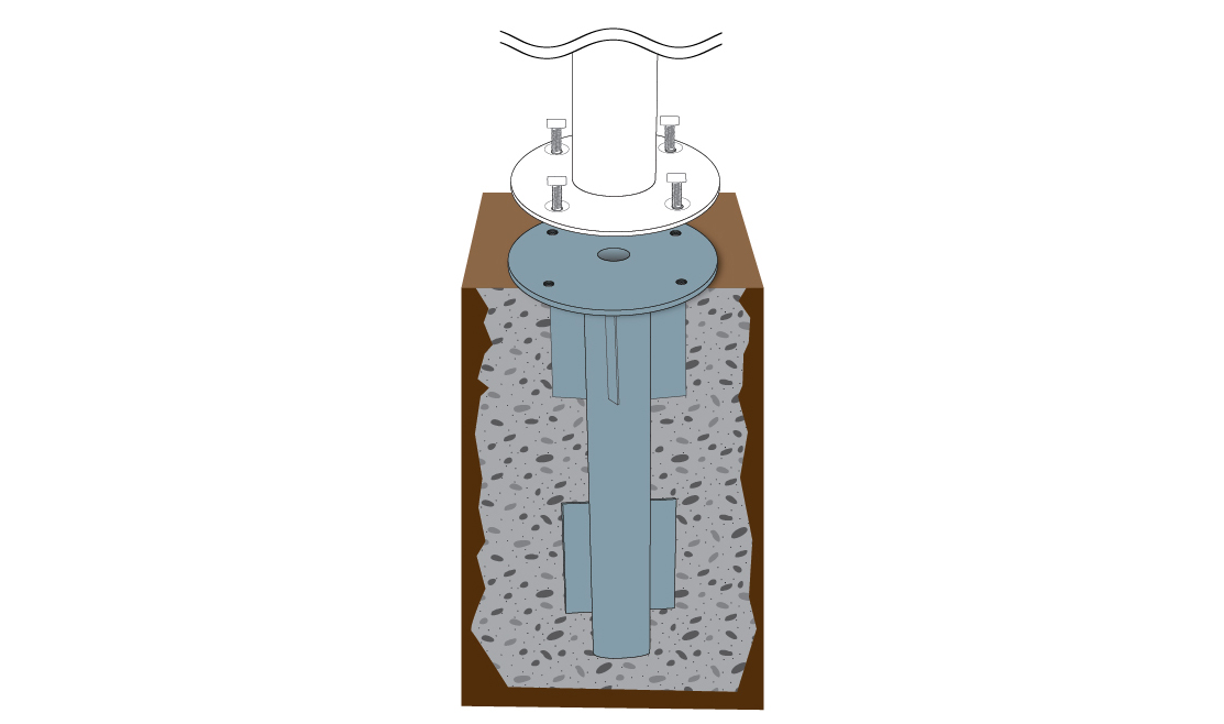 Grafische Darstellung der Befestigung eines Shademaker Sonnenschirms in ein Fundament.