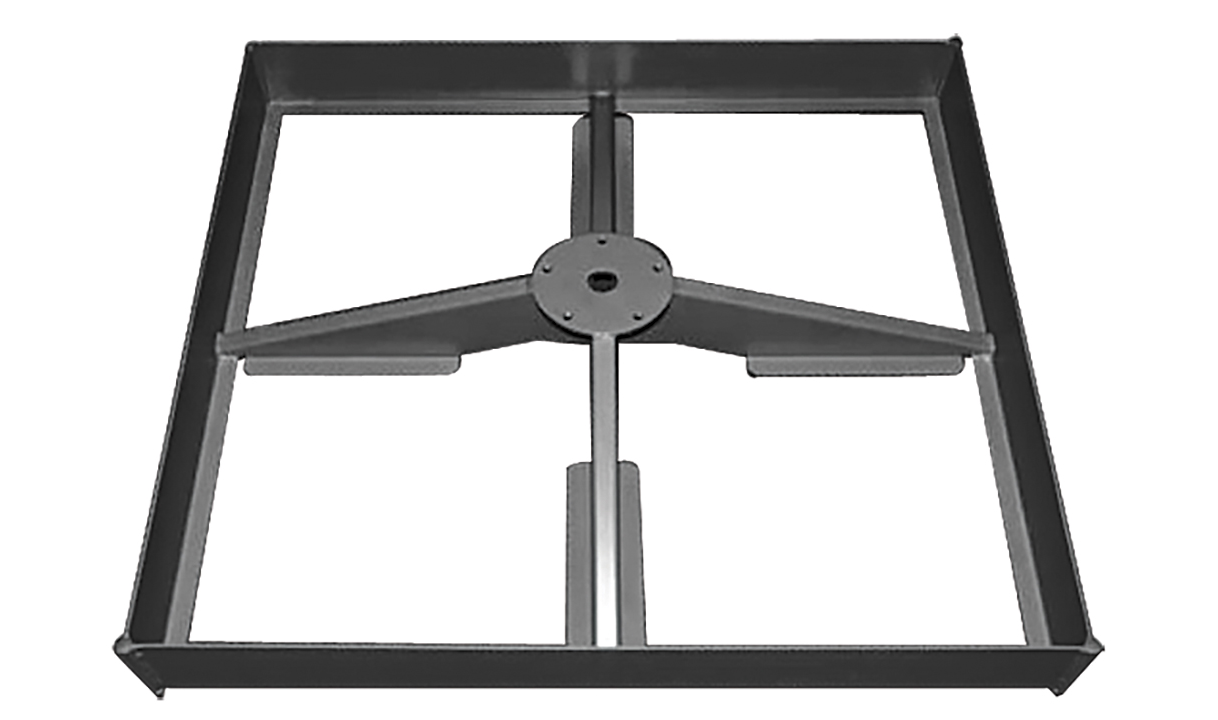 Ein Stahlrahmen für Gehwegplatten zur Befestigung eines Shademaker Sonnenschirms zwischen solchen.