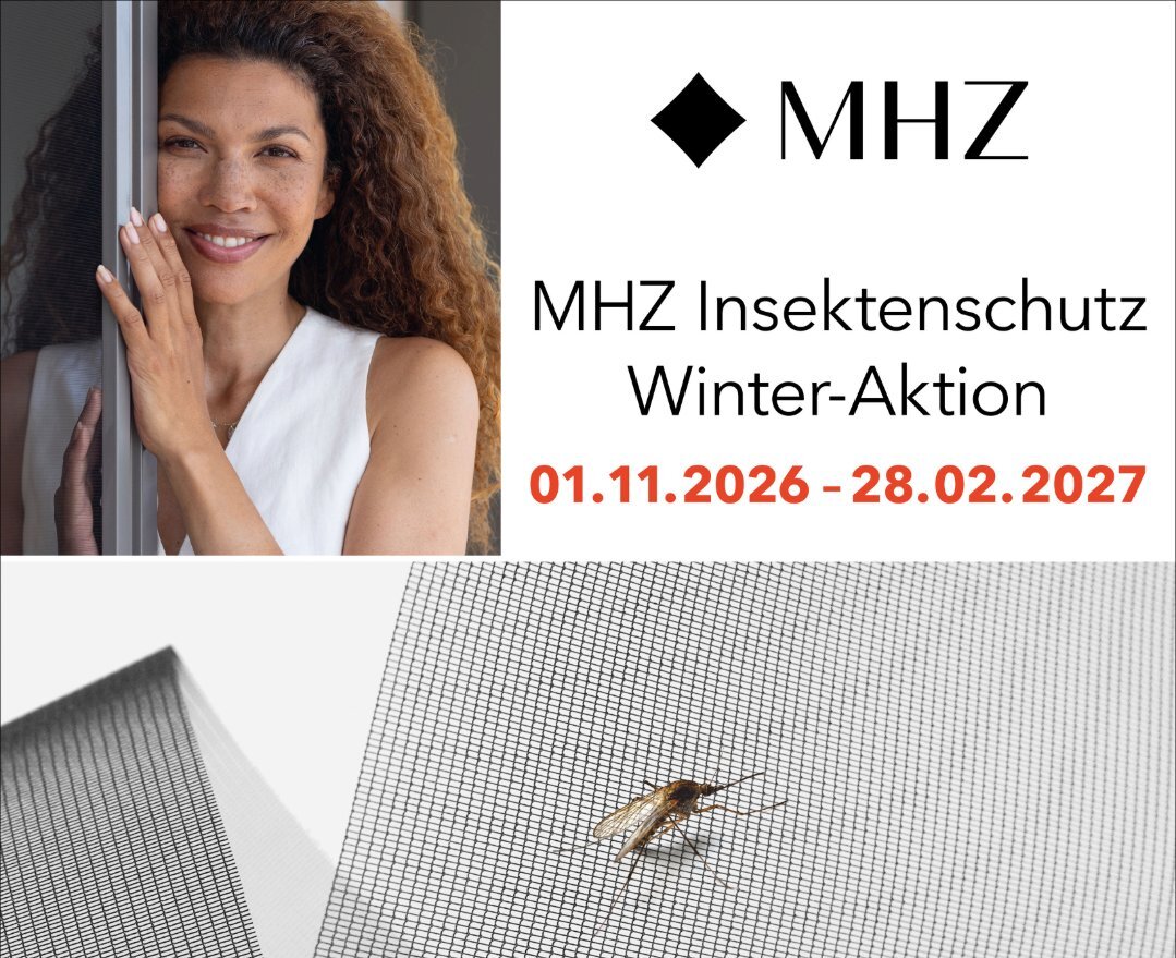 Das Bild zeigt eine Frau am Fenster und darunter in vergrößerter Darstellung eine Insektenschutzgewebe mit einer Mücke darauf. Rechts oben im Bild sieht man die Aktion: MHZ Insektenschutz-Winter-Aktion vom 1.11.2026-28.2.2027