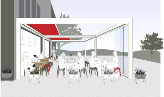 Moderne Outdoor-Terrasse mit rot-weißem Dach und stilvollen Sitzgelegenheiten